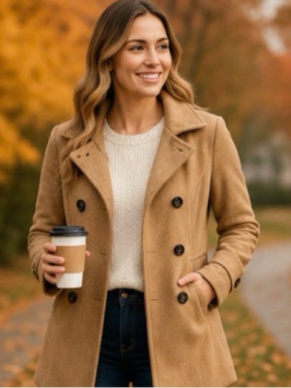 Thread & Supply Camel Funnel Neck Double Breasted Peacoat Jacket Size Medium